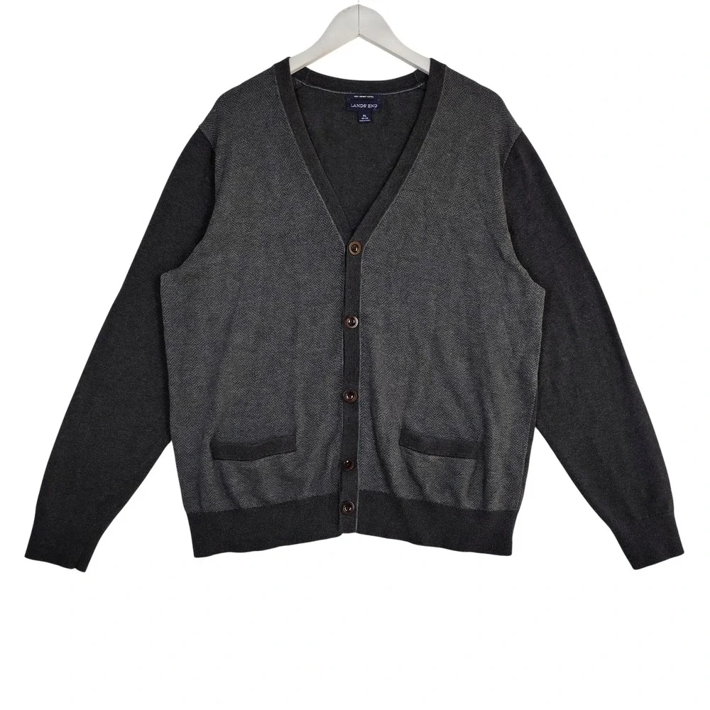 Lands End Mens XL Gray Herringbone Supima Cotton V-Neck Button Cardigan Sweater